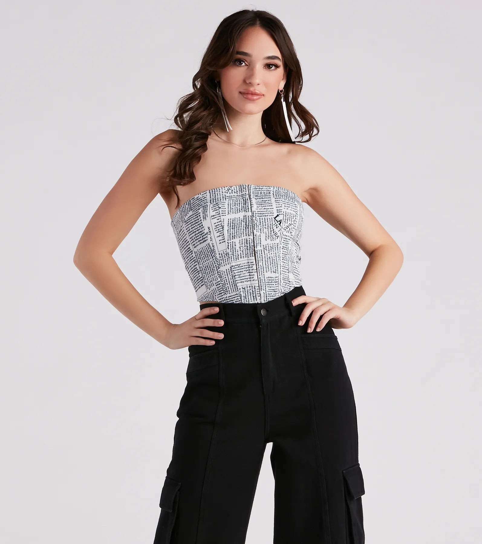 women's tops for minimalist aestheticsIn Other News Lace-Up Newspaper Corset Top