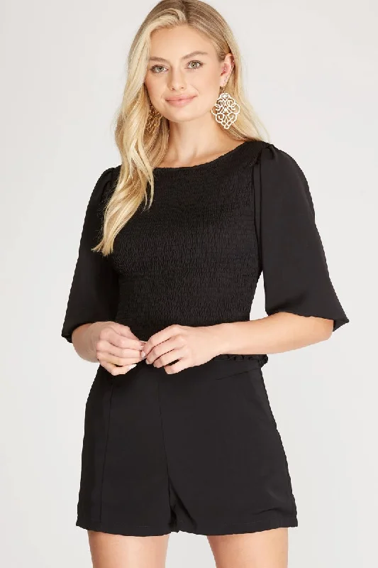 women's tops for those who want to add a personal touch to their wardrobe with unique and one-of-a-kind piecesBLACK SMOCKED HALF BUBBLE SLEEVES SATIN TOP S5SS8474