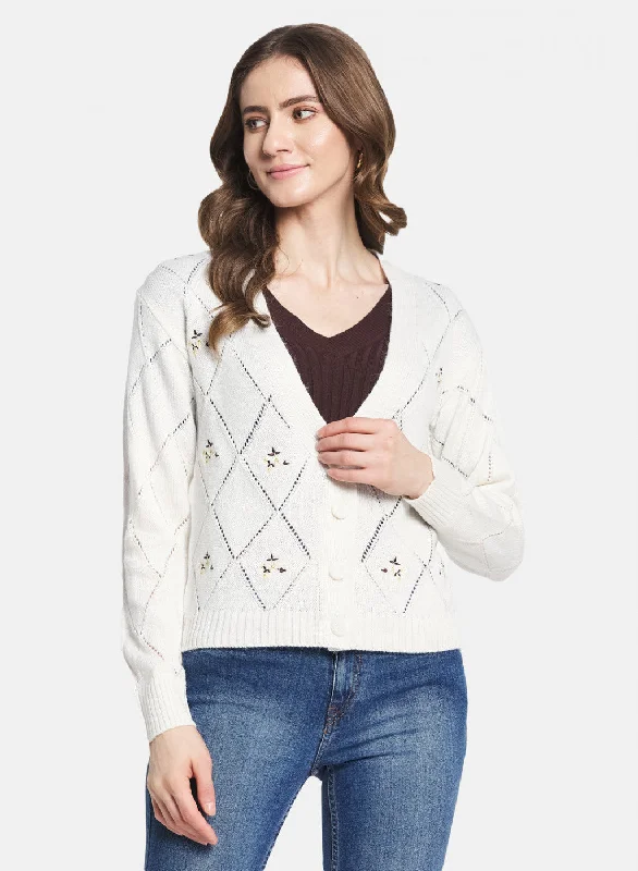 Extra-Large Knitted Crewneck SweatersWomen White Self Design Cardigan