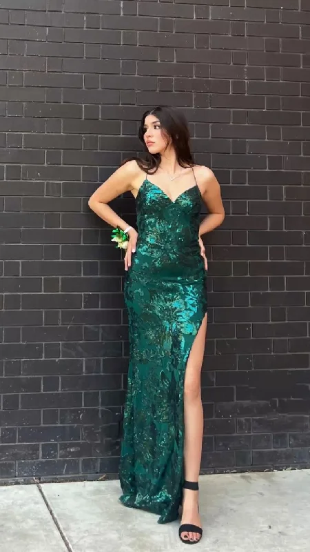 fitted prom dressesStunning Emerald Green Sheath Prom Dress With Slit,Backless Evening Dress Y5325