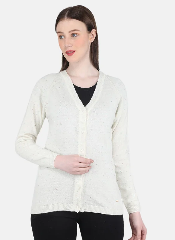 Retro Crewneck SweatersWomen Off White Solid Cardigan