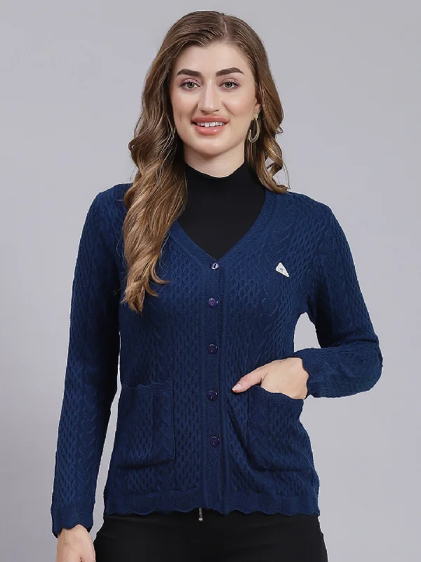 Hooded Cashmere SweatersWomen Blue Self Design Wool blend Cardigan