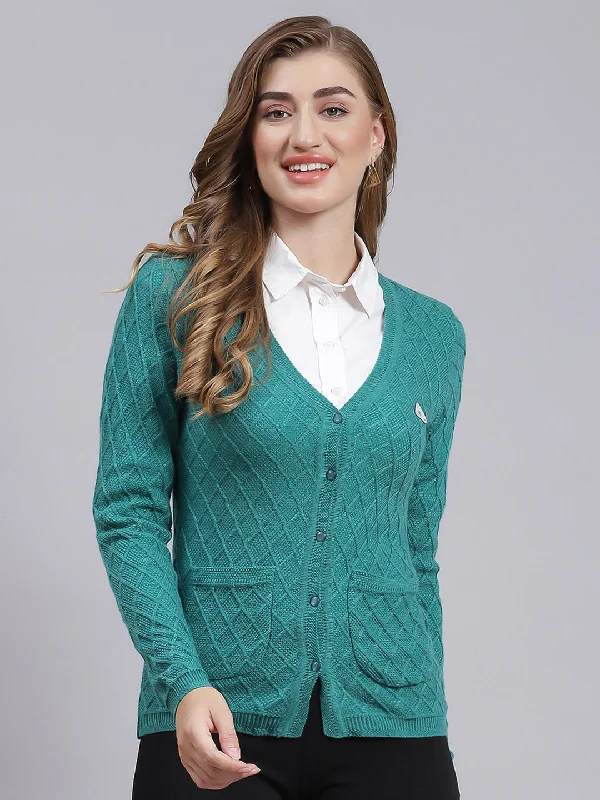 Thick Cashmere SweatersWomen Sea Green Self Design Wool blend Cardigan