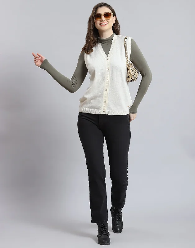 Colorful SweatersWomen Cream Solid V Neck Sleeveless Cardigan