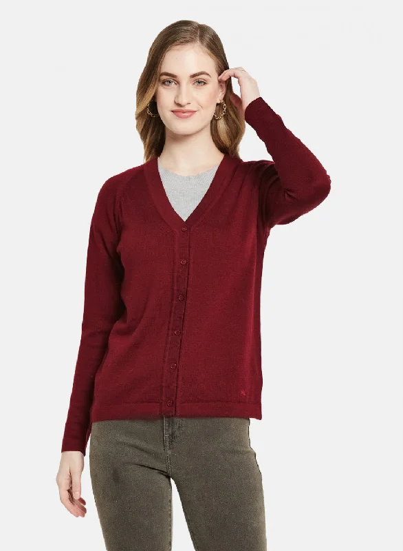 Wool SweatersWomen Dark Maroon Solid Cardigan