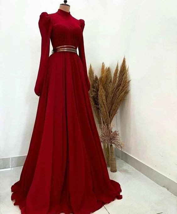 prom dresses for pear shapesA Line High Neck Long Sleeves Muslim Burgundy Prom Dress Y6222