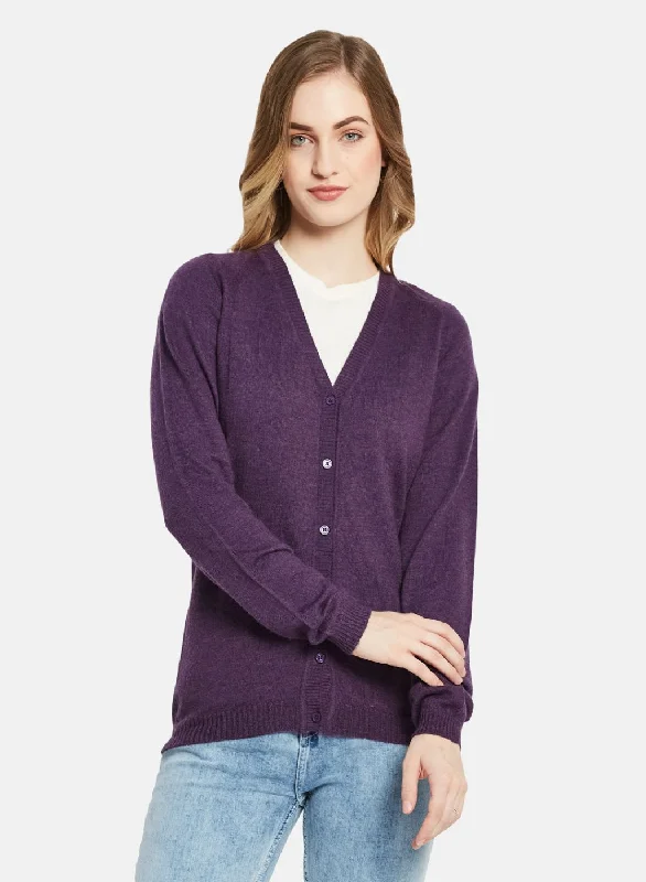 Elegant SweatersWomen Purple Solid Cardigan