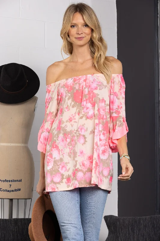 luxury women's topsPINK OFF SHOULDER 3/4 RUFFLED BELL SLEEVES TOP-B5639-G