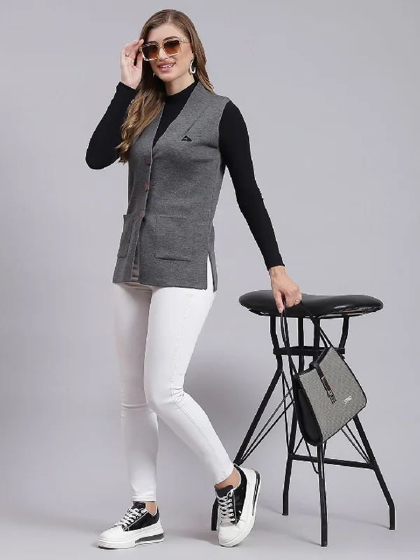 Quick-Dry Soft Knitted SweatersWomen Grey Solid Pure wool Cardigan