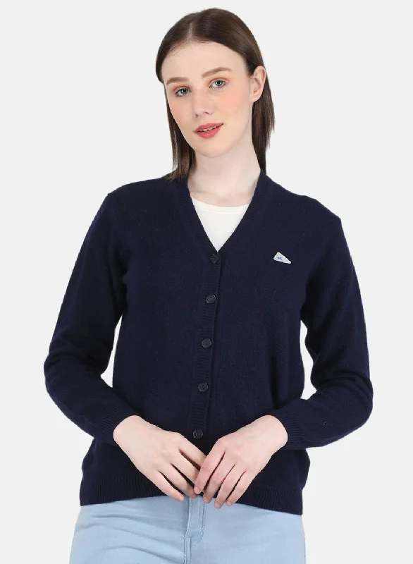 Turtle-Neck Wool SweatersWomen NAvy Blue Solid Cardigan