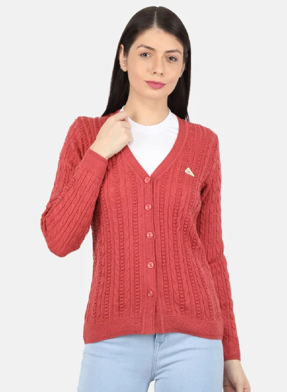 Oversized Patterned Cashmere SweatersWomen Red Self Design Cardigan