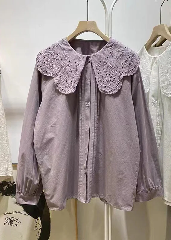 women's tops with ruffled hemsWomen Purple Ruffled Hollow Out Cotton Blouse Tops Spring