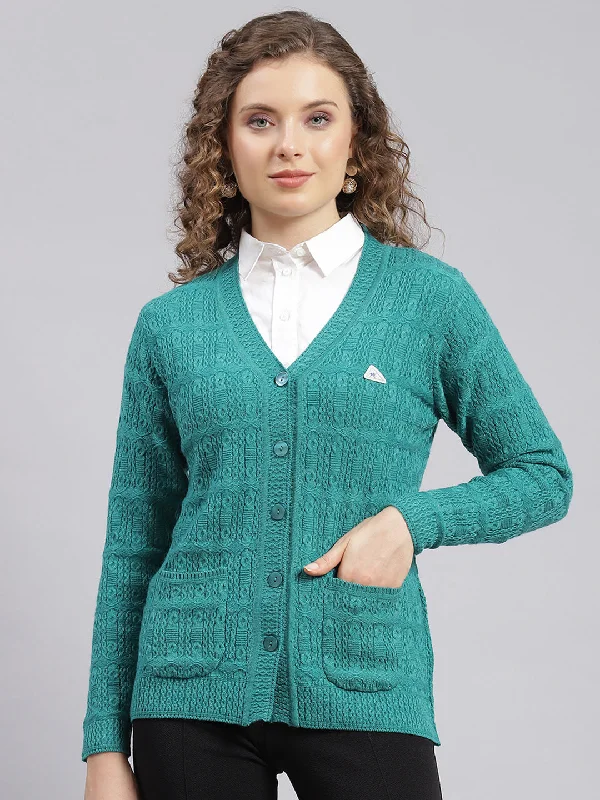 Fashionable SweatersWomen Sea Green Self Design Wool blend Cardigan