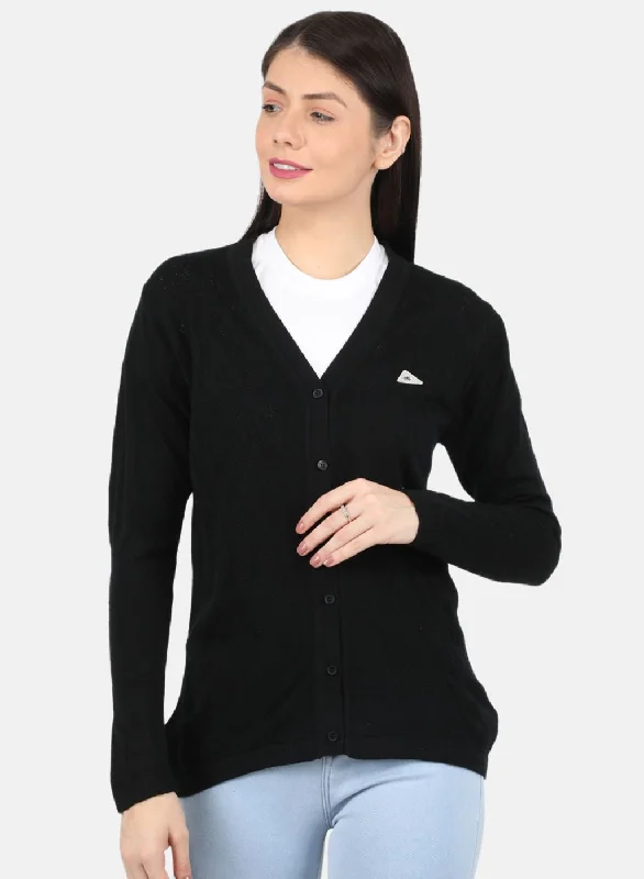 Turtle-Neck SweatersWomen Black Self Design Cardigan