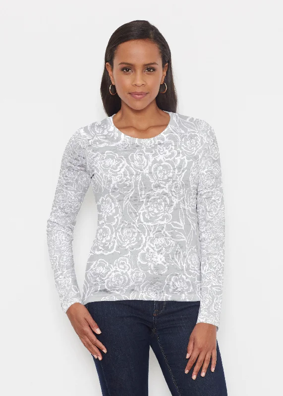 women's tops with ruffled hemsFreehand Floral Grey (7605) ~ Signature Long Sleeve Crew Shirt