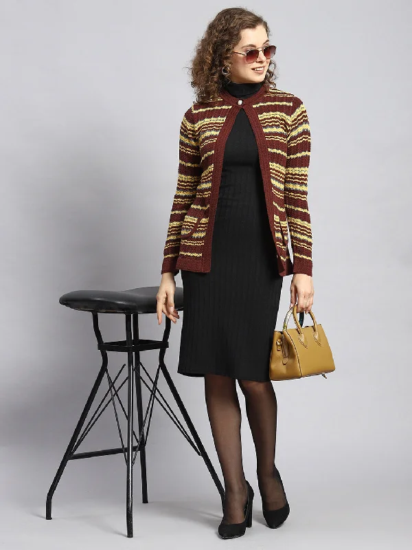 Trendy Pullover SweatersWomen Maroon Stripe Cardigan