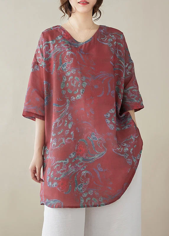 plus-size women's topsBoho Red Print Linen Tops Half Sleeve