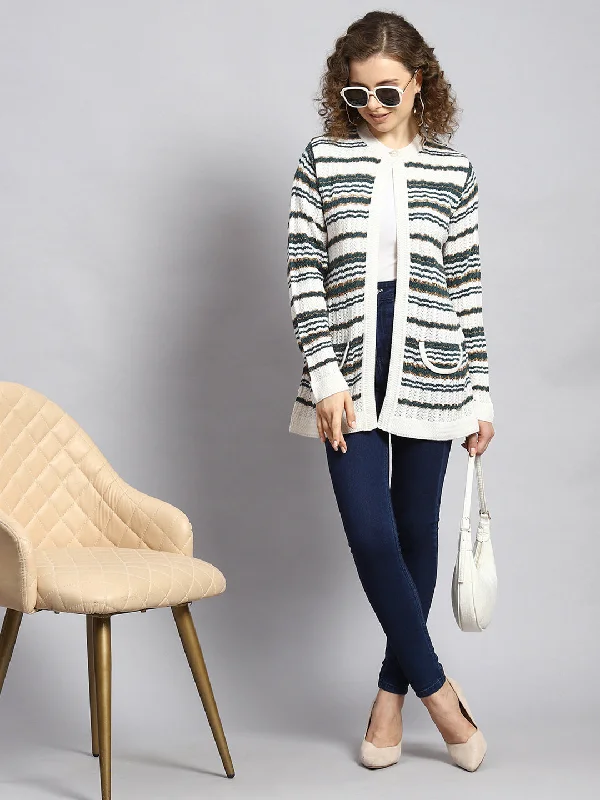 Turtle-Neck Wool SweatersWomen White Stripe Cardigan