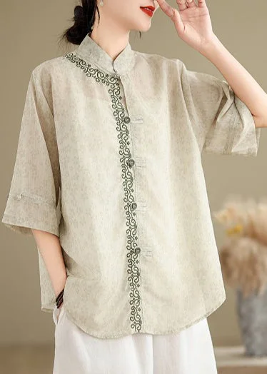 women's tops for those who seek both style and comfortArt Light Green Embroidered Print Linen Oriental Top Summer