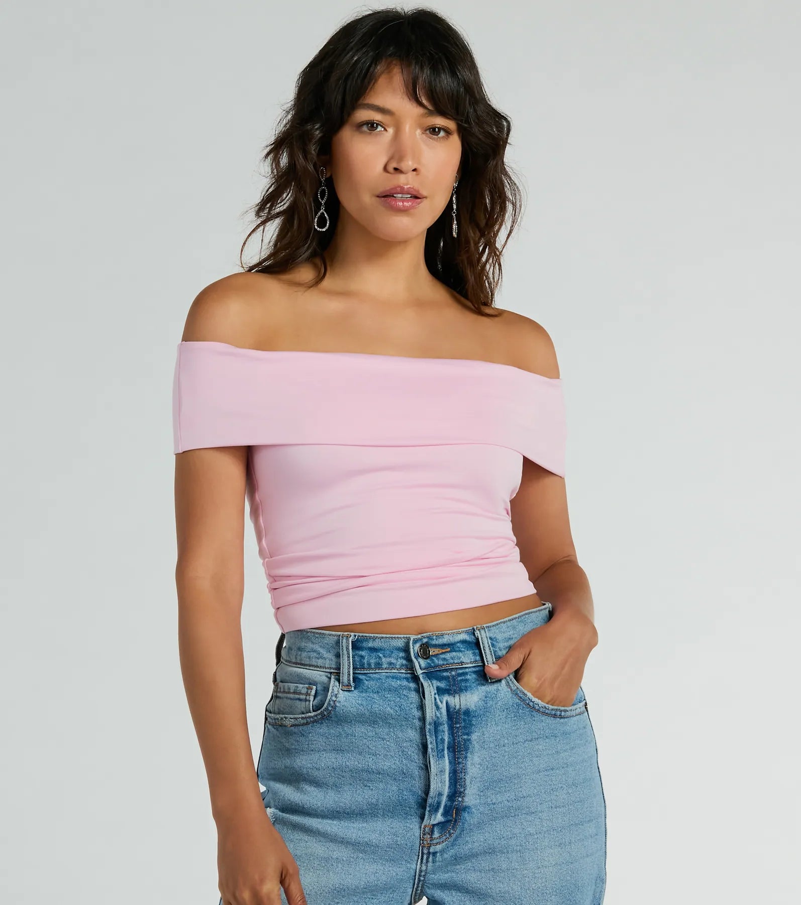 affordable women's topsSpotted In Town Off-The-Shoulder Crop Top