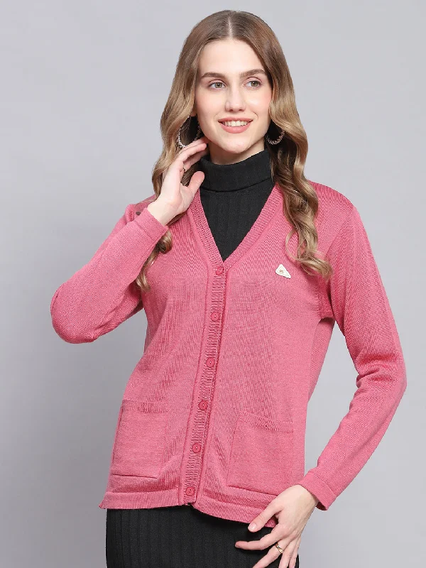 Chunky Designer Men's SweatersWomen Pink Solid V Neck Full Sleeve Cardigans