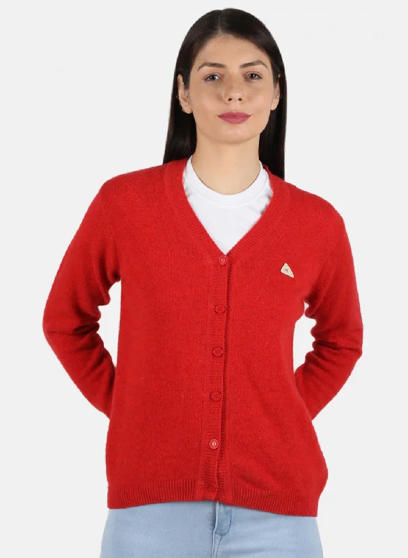 Embellished SweatersWomen Red Solid Cardigan