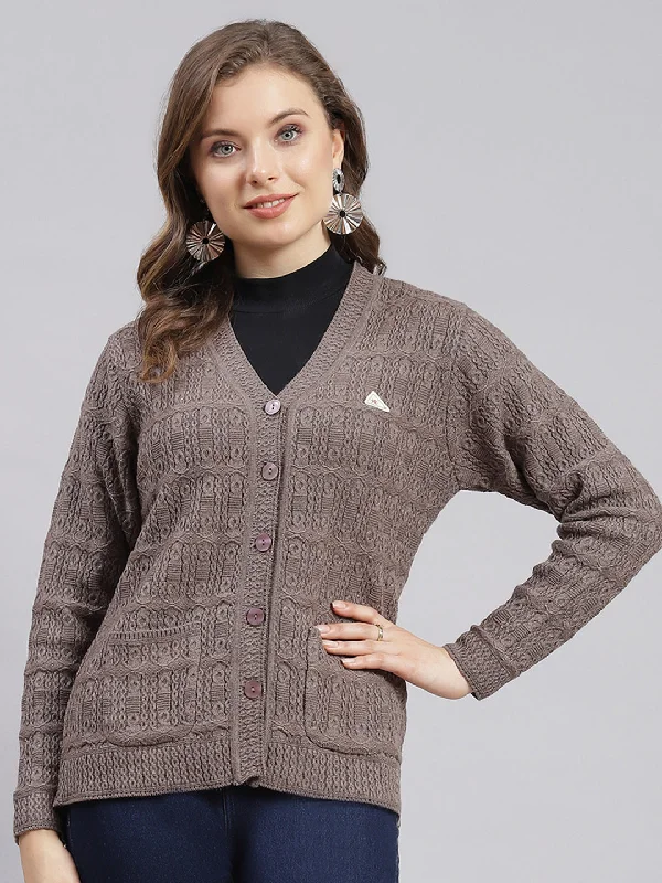 Flannel SweatersWomen Beige Self Design Wool blend Cardigan