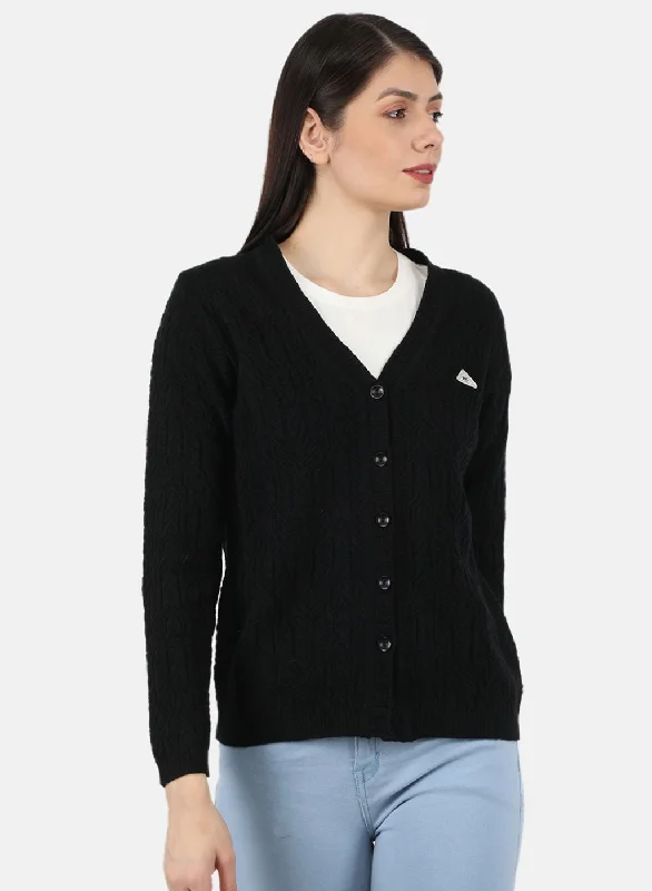 Women's SweatersWomen Black Self Design Cardigan