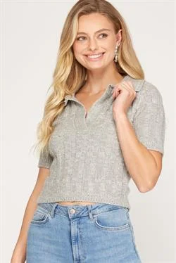 long-sleeved women's topsGREY COLLARED SHORT SLEEVES CROPPED KNIT TOP S8SS8236