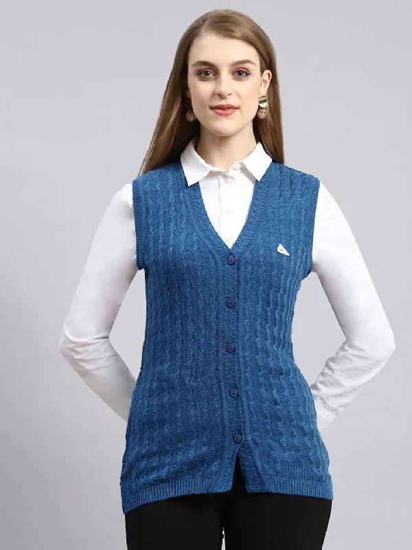 Soft SweatersWomen Navy Blue Self Cardigan