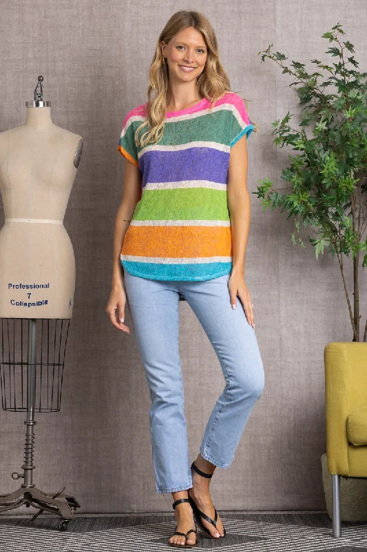 women's tops for cocktail partiesMUTLICOLOR STRIPES KNIT TUNIC TOP-4879RST