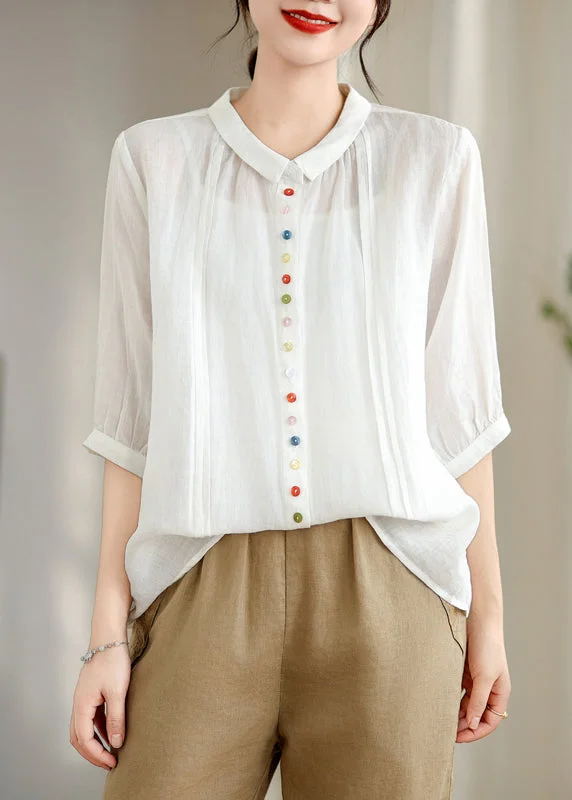 women's tops for relaxed weekendsWhite Oversized Cotton Shirts Wrinkled Half Sleeve