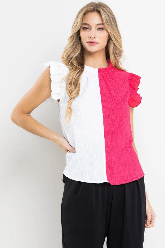 women's tops for those who refuse to compromise on styleFUCHSIA COLOR BLOCK RUFFLE SLEEVELESS GAUZE TOP CFTT3612NCRSA