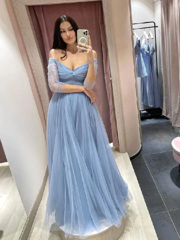 prom dresses with floral embroiderySimple blue tulle long prom dress blue tulle formal dress Y6217