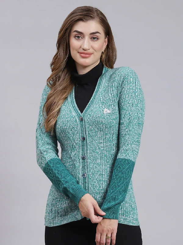 Plus-Size Quick-Dry Soft Knitted SweatersWomen Green Jaquard Wool blend Cardigan