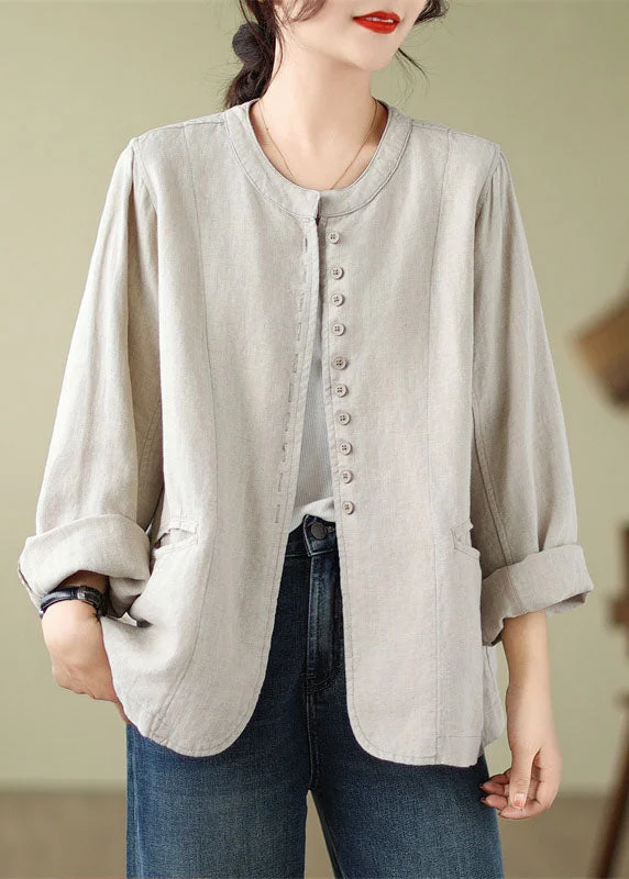 women's tops for those who value both quality and affordabilityChic Linen O-Neck Pockets Button Shirt Fall