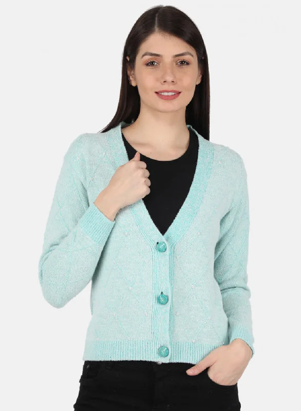 Pullover Chunky SweatersWomen Blue Self Design Cardigan