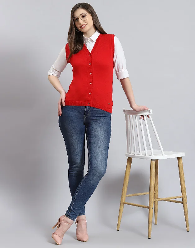 Designer SweatersWomen Red Solid V Neck Sleeveless Cardigan