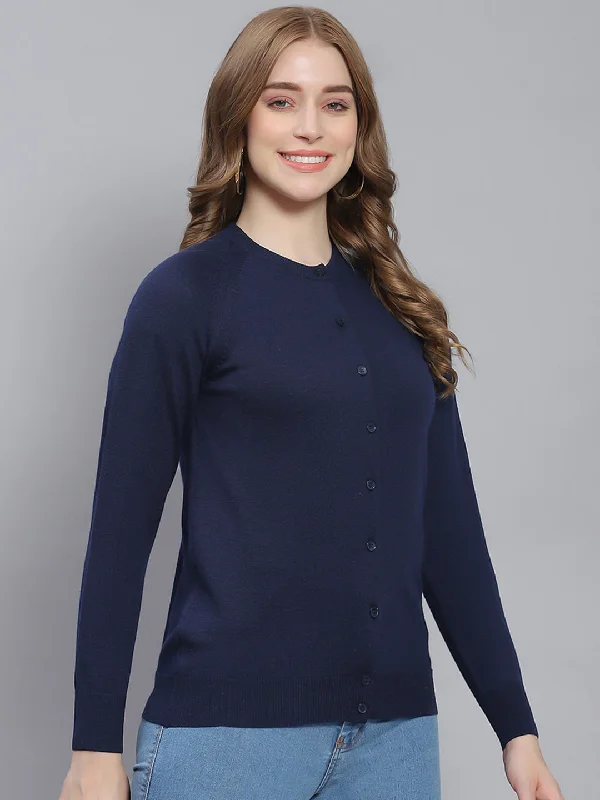 Luxurious SweatersWomen Navy Blue Solid Round Neck Full Sleeve Cardigans