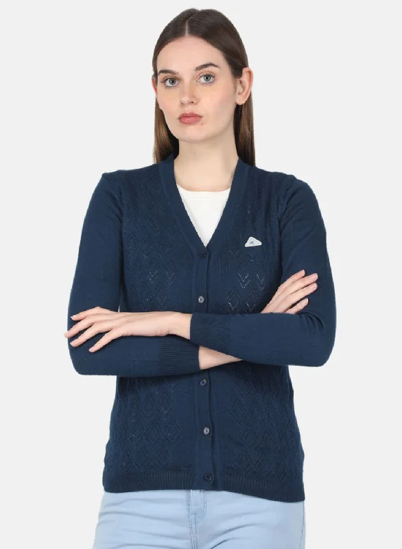 Trendy SweatersWomen NAvy Blue Self Design Cardigan