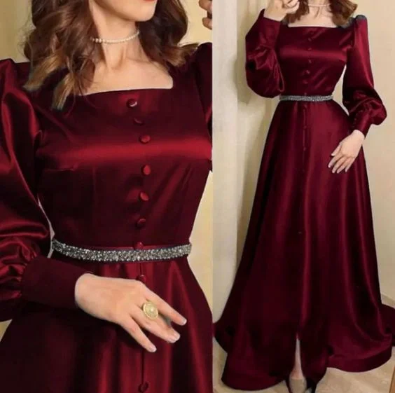 prom dresses for winterModest A-line Long Sleeves Satin Prom Dress,Formal Dress Y6214