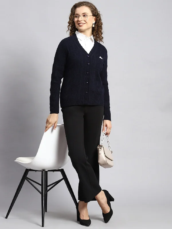 Turtle-Neck SweatersWomen Navy Blue Self Cardigan