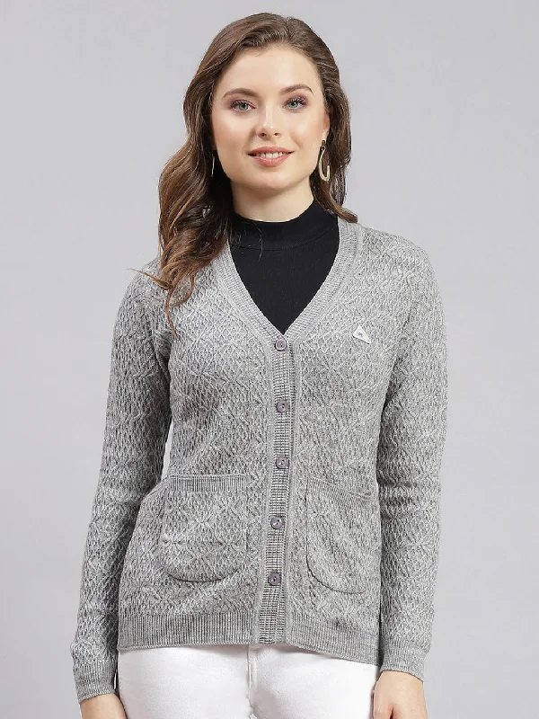 Retro Crewneck SweatersWomen Grey Self Design Wool blend Cardigan