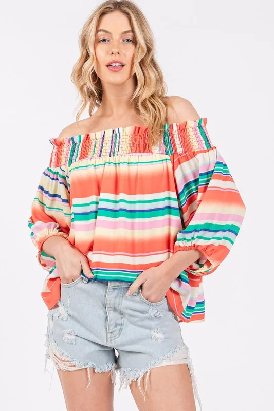 women's tops for those who love to shop for unique findsORANGE STRIPED OFF SHOULDER SMOCKING TOP TU13624PB