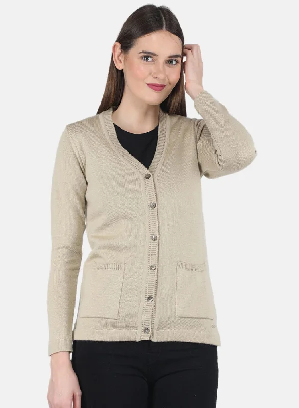 Retro SweatersWomen Beige Solid Cardigan