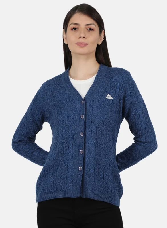 Casual SweatersWomen Blue Self Design Cardigan