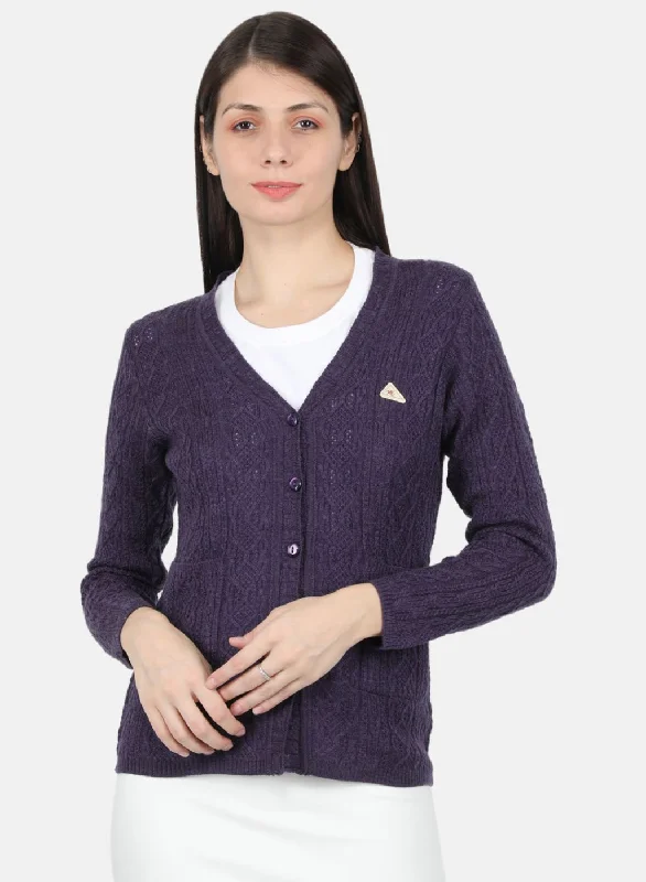 Extra-Large Knitted Crewneck SweatersWomen Purple Self Design Cardigan