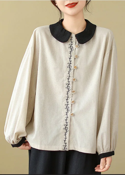 three-quarter sleeve women's topsWomen White Embroidered Patchwork Linen Shirts Spring