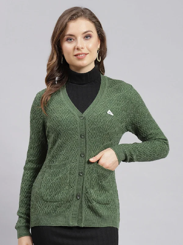 Quick-Dry Wool SweatersWomen Green Self Design Wool blend Cardigan