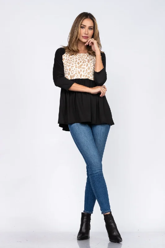 women's tops with floral printsNOIR BLACK ANIMAL PRINT BABY-DOLL STYLE KNIT TOP B50596